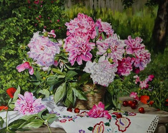 Original Oil Painting Peony Still Life Flowers, White Pink Green Canvas Art