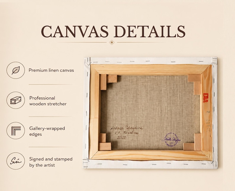 May include: Back of a canvas art piece with a wooden frame. The canvas is stretched over a wooden stretcher and stapled to the frame. Text on the canvas reads "Canvas Details", "Premium linen canvas", "Professional wooden stretcher", "Gallery-wrapped edges", and "Signed and stamped by the artist."