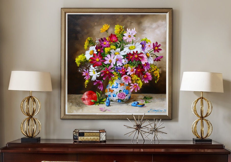 Cosmos Flowers Original Wildflower Oil Painting Colorful Floral