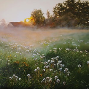 Dandelions Field Painting Oil, Serene Landscape Original, Country Side Canvas Art, Peaceful Nature Wall Decor, Misty Meadow Sunrise Artwork