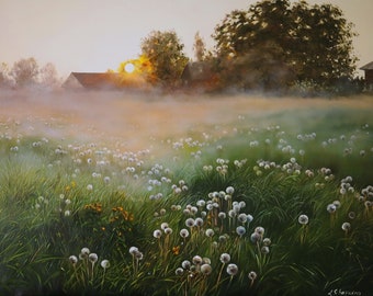 Dandelion Meadow Painting at Sunrise, Warm Countryside Landscape Oil on Canvas Art Original
