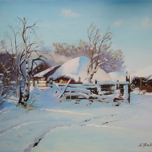 Winter Landscape Oil Painting on Canvas, Rustic Snowy Village Scene, Original Artwork, Cozy Cabin in Snow, Realistic Winter Wall Art