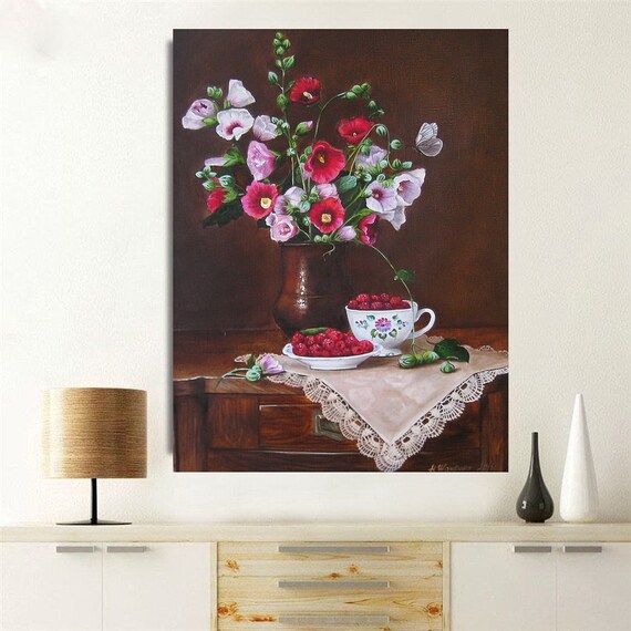 Pink Hollyhocks Oil Painting Still Life Flowers in the Pitcher