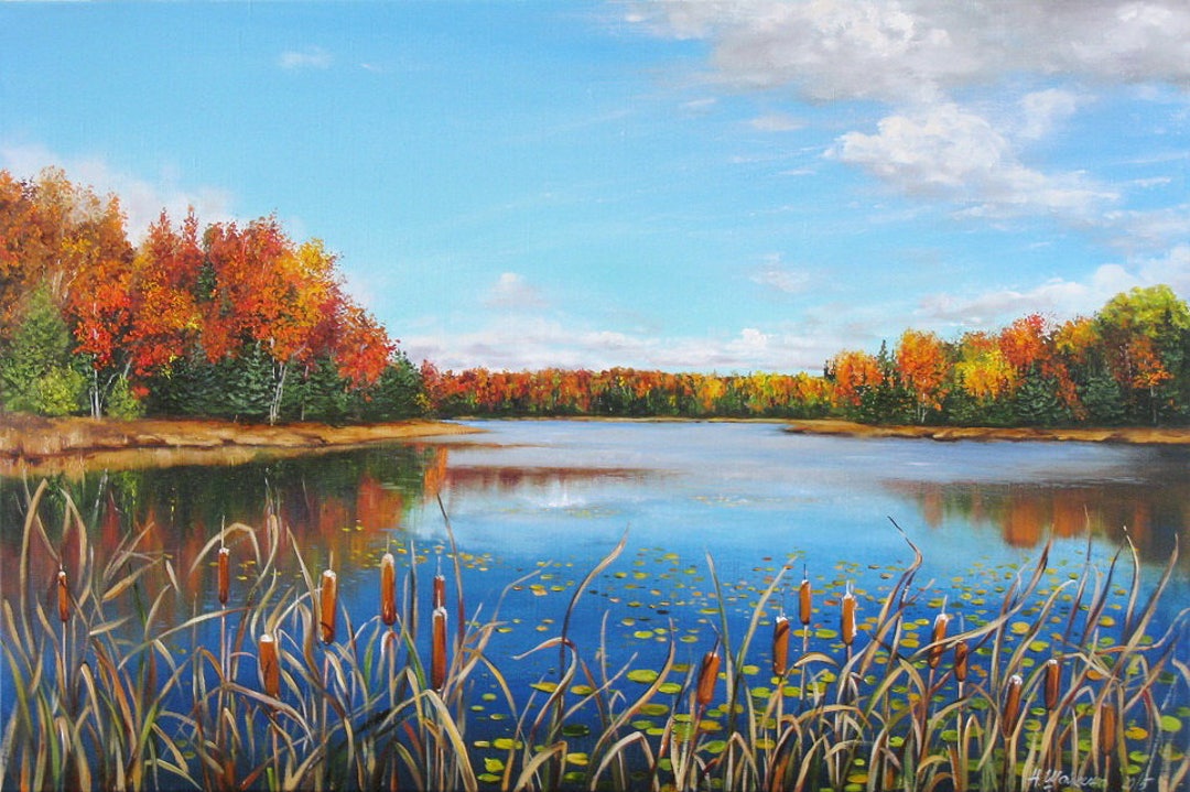Original Autumn Lake Oil Painting, Colorful Landscape Artwork