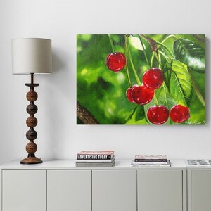 Cherry Tree Painting, Cherry Colors, Fruit Fine Art, Red Cherries, Garden Original Art Paintings Nature Wall Art, Realistic Artwork, Green image 2