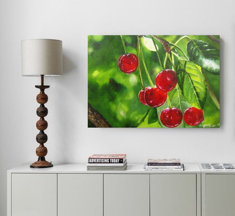 Cherry Tree Painting, Cherry Colors, Fruit Fine Art, Red Cherries, Garden Original Art Paintings Nature Wall Art, Realistic Artwork, Green image 2