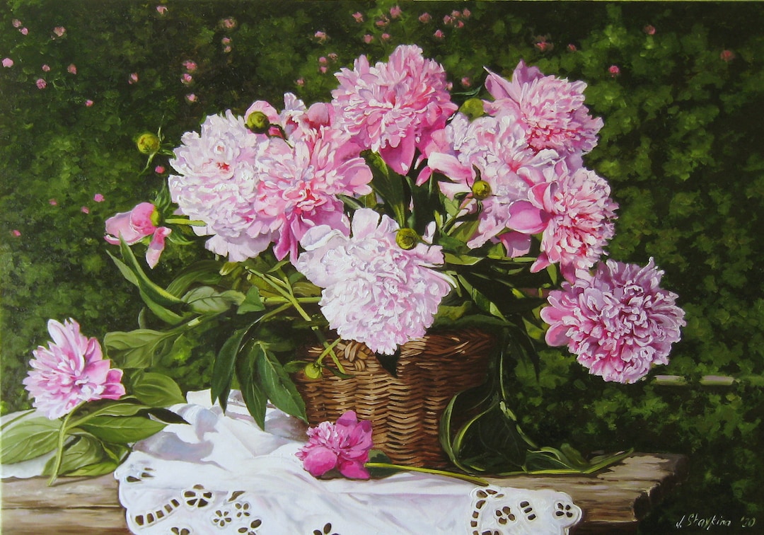 Original Oil Painting Pink Peony, Large Floral Art, Realistic Flowers ...