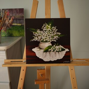 Original Oil Painting Lily of the Valley, Floral Still Life, 12x12 in image 11