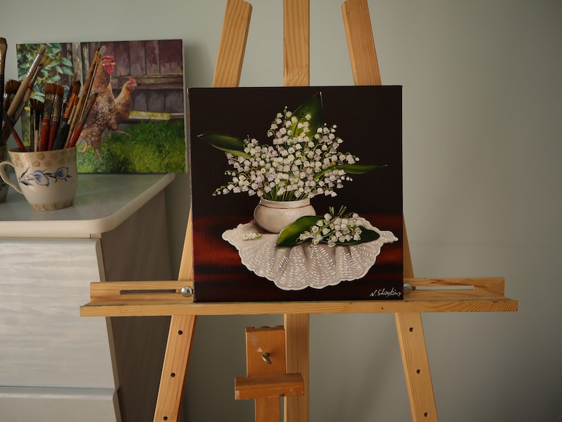 Original Oil Painting Lily of the Valley, Floral Still Life, 12x12 in image 11
