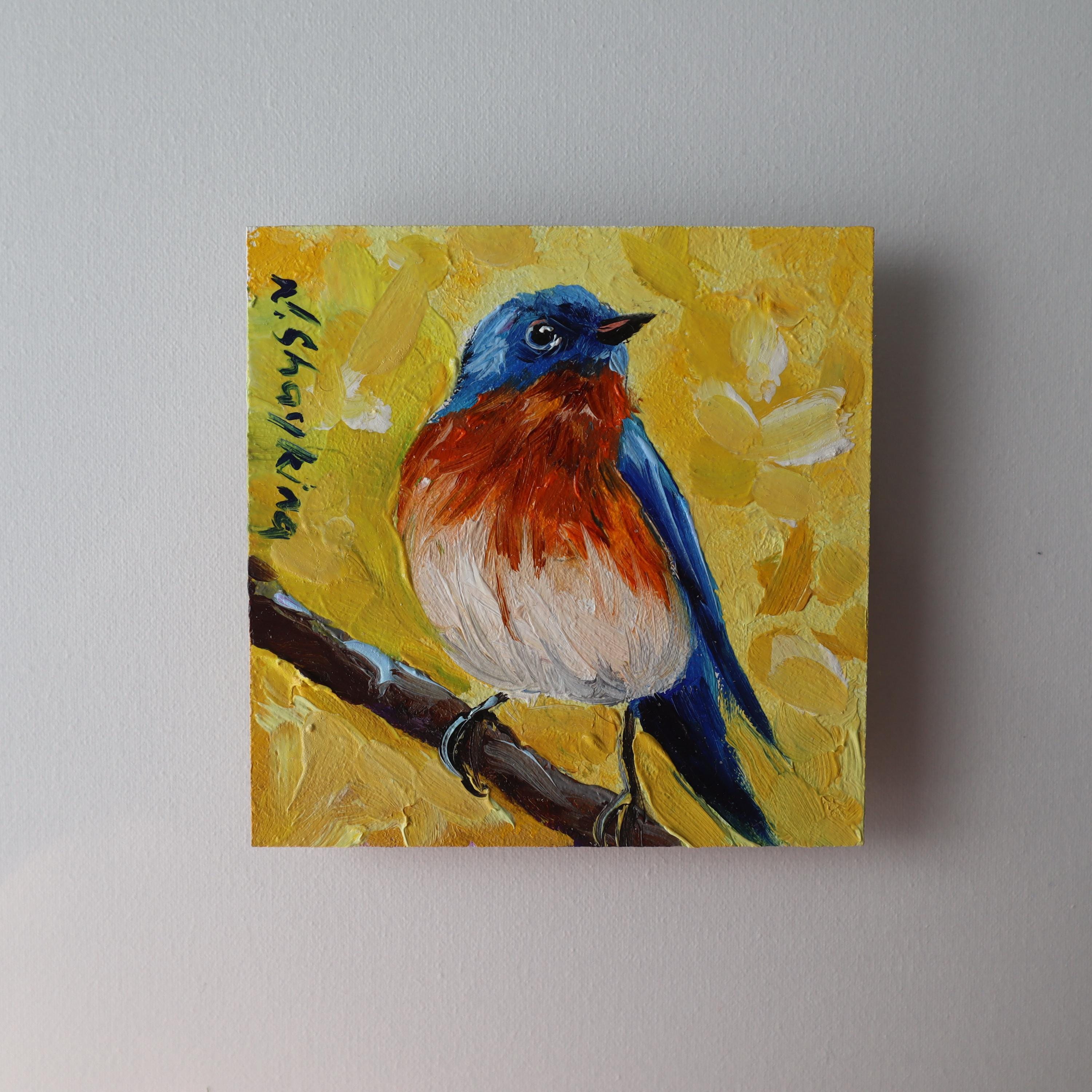 Original Bluebird Oil Painting, Small Bird Art, Gold Framed Nature