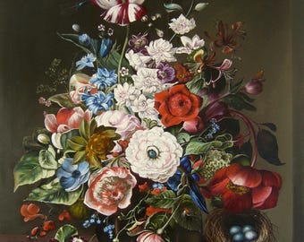 Original Oil Painting Bouquet, Dutch Floral Dark Still Life, Hand-Painted Canvas