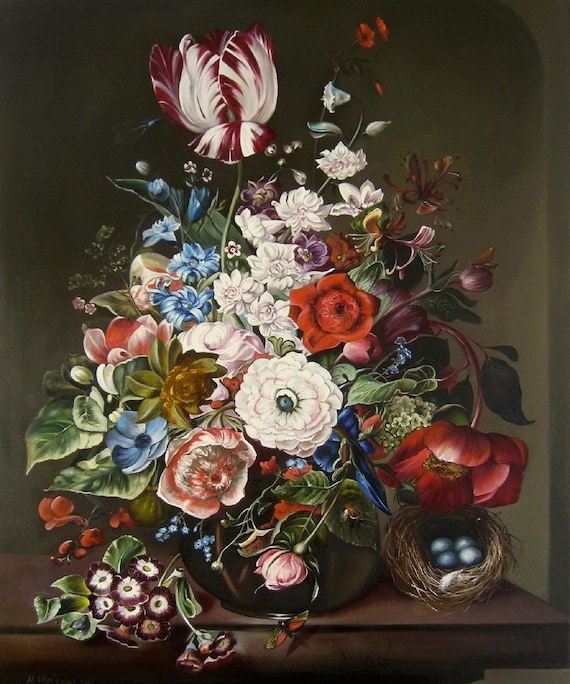 Original Oil Painting Bouquet, Dutch Floral Dark Still Life, Hand