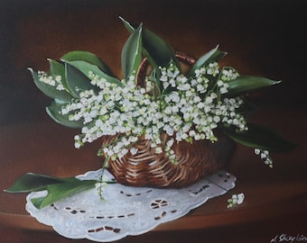 Original Oil Painting Lily of the Valley Canvas White Flowers Women Room Decor, Birth Month Flower Artwork, One of a Kind European Fine Art