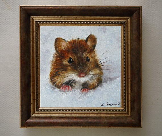 Snow Mouse Painting Original Oil on Canvas, Framed Painting, Nursery Cozy Decor, Realistic Mice Small Art, Mouse Lover Gift, Christmas Gifts