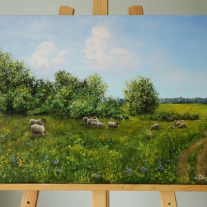 Sheep Meadow Painting Oil Original Country Farm Landscape Wall Art ...