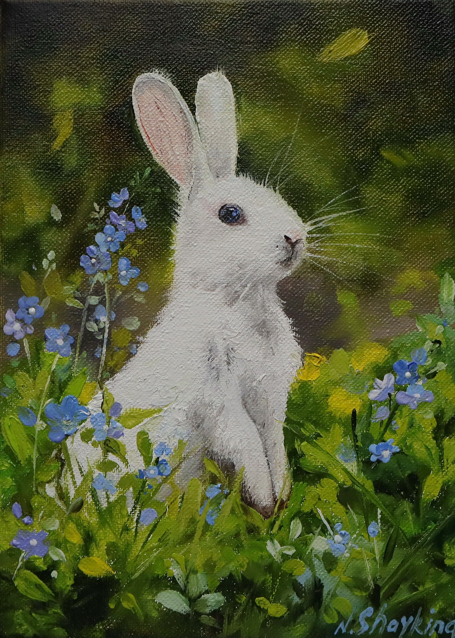Bunny in Grass Land Painting Oil Original Nature Artwork Cute