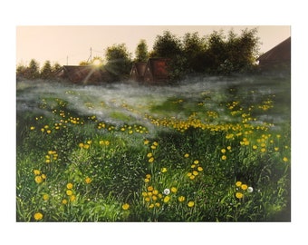 Custom Oil Painting Landscape Original Foggy Morning, Meadow Sunset  Nature Artwork, Summer Sunrise Art Canvas, Country house Wall Decor