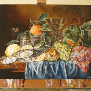 Oil Painting Dutch Still Life Hand Painted Canvas, Oysters, Grapes, Lemons, Realistic Fine Art image 8