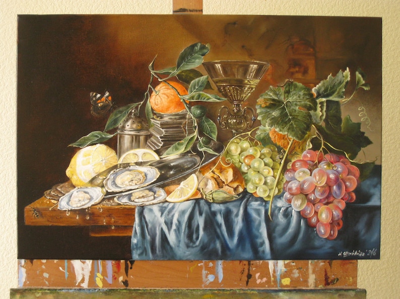 Oil Painting Dutch Still Life Hand Painted Canvas, Oysters, Grapes, Lemons, Realistic Fine Art image 8