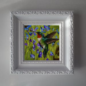 Hummingbird Mini Oil Painting Framed, Colorful Bird Wall Art, Small Nature Canvas, Floral Garden Decor, Wildlife Art Gift Idea