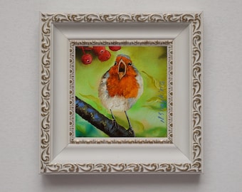 Robin bird painting original in frame, Miniature small oil painting 4 x 4 bird art gift for mom, Small art frame bird on blossom brunch