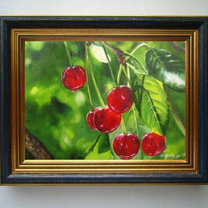 Cherry Tree Painting, Cherry Colors, Fruit Fine Art, Red Cherries, Garden Original Art Paintings Nature Wall Art, Realistic Artwork, Green image 5