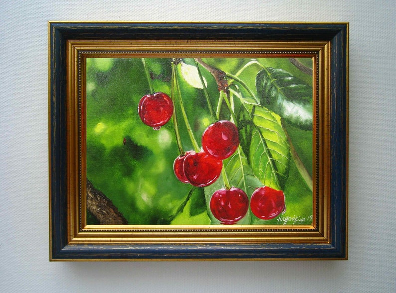 Cherry Tree Painting, Cherry Colors, Fruit Fine Art, Red Cherries, Garden Original Art Paintings Nature Wall Art, Realistic Artwork, Green image 5