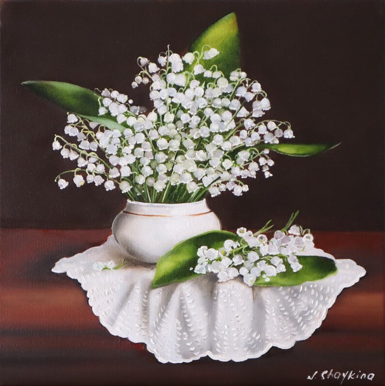 Original Oil Painting Lily of the Valley, Floral Still Life, 12x12 in image 6