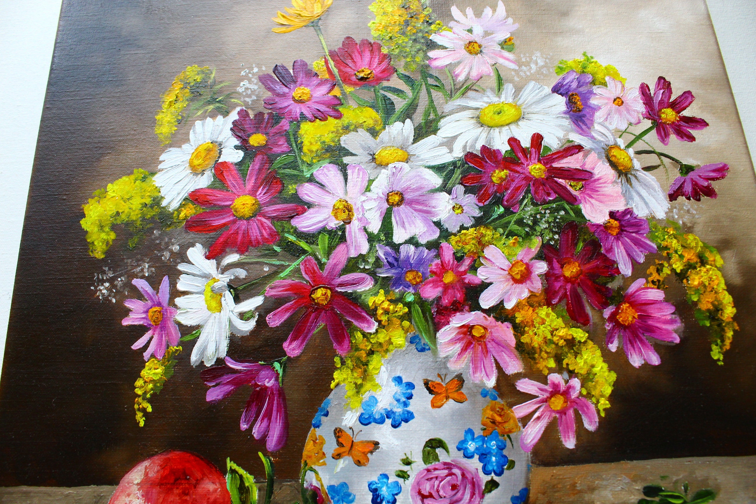 Cosmos Flowers Original Wildflower Oil Painting Colorful Floral