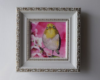 Yellow bird painting original in frame, Miniature small oil painting 4 x 4 bird art gift for mom, Small art frame bird on blossom brunch