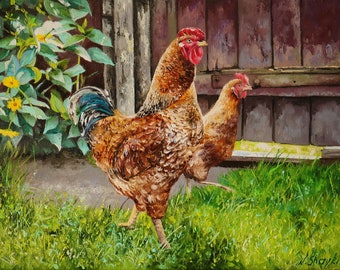 Vibrant Rooster and Chicken Oil Painting, Farm house Wall Art, Hens Nature Decor, Original Rustic Life Artwork, Realistic Farmyard Paintings