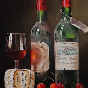 Wine Bottle Painting, Winery Art, Bottle of Wine with Wine Glass Oil Painting, Kitchen Decor Blue Cheese Wine Still Life Original Art Canvas