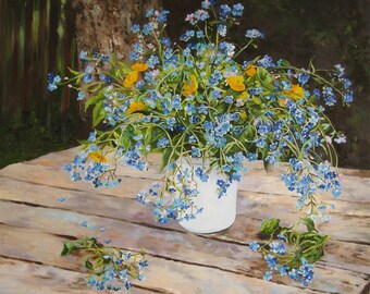 Blue flowers oil painting Wood forget-me-nots original art canvas wildflowers, large contemporary still life, blue wall decor, farmhouse art