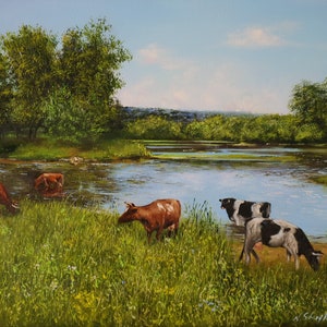 Cow Farm Life Original OIl Painting on Canvas, Farm Animal Fine Art, Pastoral Landscape, Narure Artwork, Farmer Cow Painting, Grazing Cattle image 1