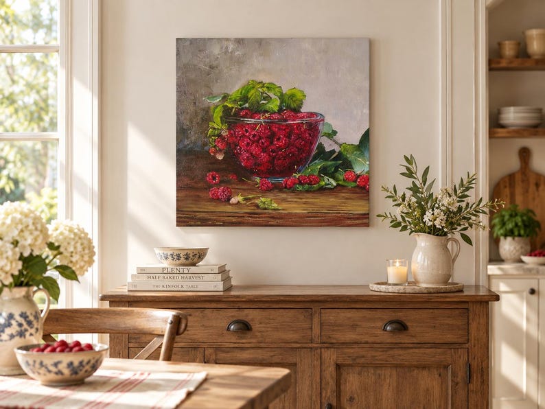 May include: A square wall art print featuring an oil painting of a glass bowl filled with bright red raspberries and green leaves. The bowl sits on a dark wooden surface against a neutral, textured background, capturing a still life composition.