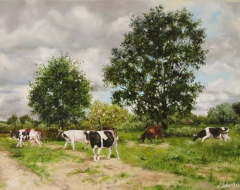 May include: A painting of a rural landscape with a cloudy sky. Five black and white cows graze in a field with green grass and a dirt road. A large tree stands in the center of the field.
