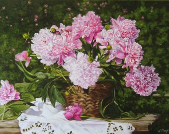 Peony Art Original Canvas Flower Painting, Pink Peonies Wall Art, Farmhouse Wall Decor, Large Painting Floral Still Life, Flowers Lover Gift