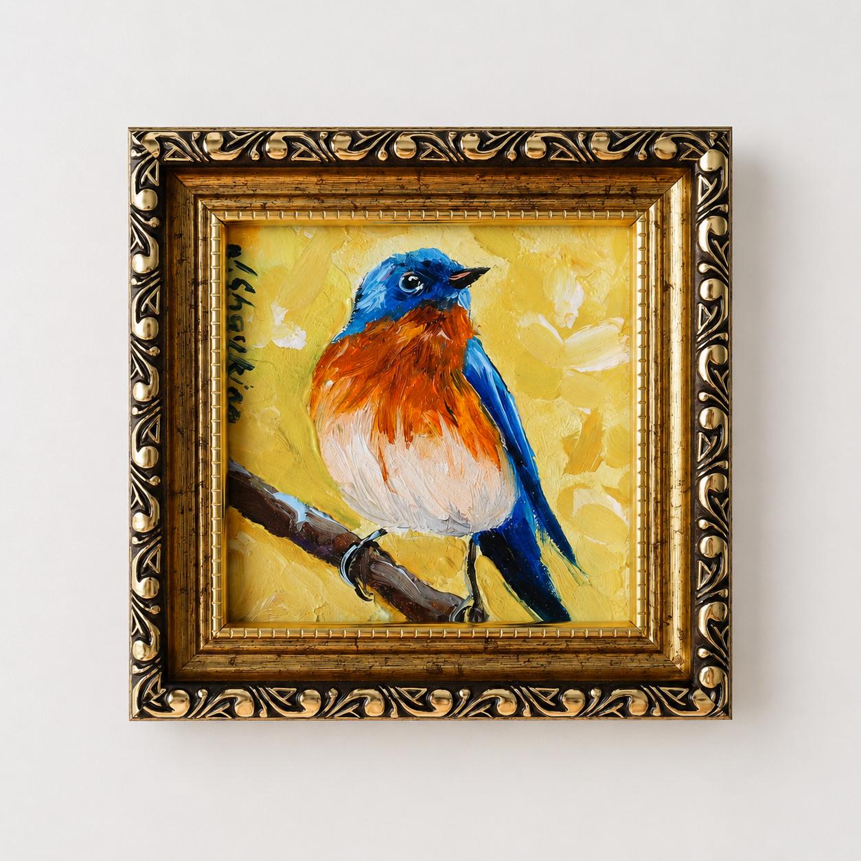 Original Bluebird Oil Painting, Small Bird Art, Gold Framed Nature