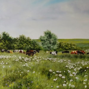 Cows in a Meadow Painting, Pastoral Landscape Original, Farm Scene Wall Art, Grassland with grazing Cows Pasture Artwork, Farmlife on Canvas