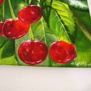 Cherry Tree Painting, Cherry Colors, Fruit Fine Art, Red Cherries, Garden Original Art Paintings Nature Wall Art, Realistic Artwork, Green image 4