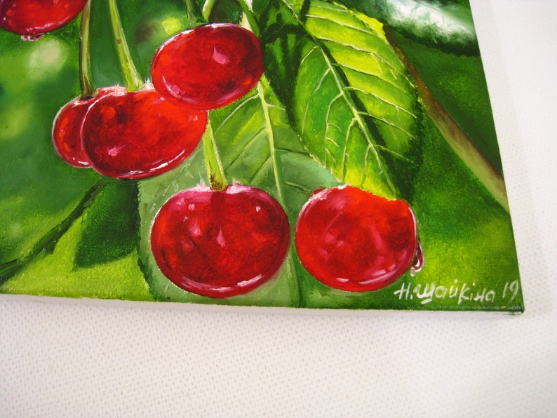 Cherry Tree Painting, Cherry Colors, Fruit Fine Art, Red Cherries, Garden Original Art Paintings Nature Wall Art, Realistic Artwork, Green image 4