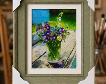 Johnny Jump Up Original Oil Painting, Spring Flower Small Art