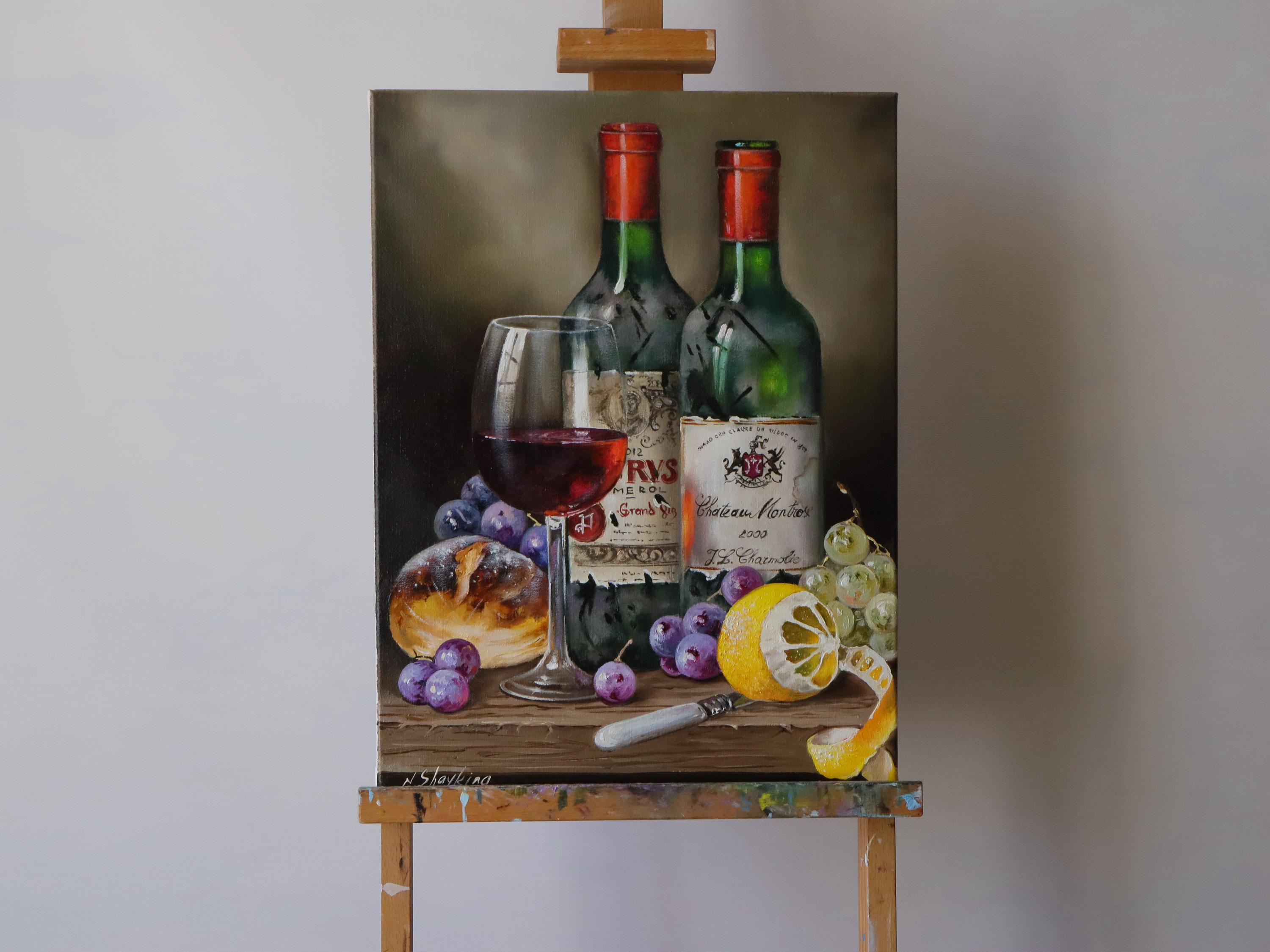 Original Wine Still Life Oil Painting, Red Wine Bottles and Grapes ...