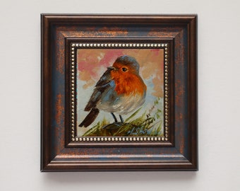 Tiny painting of bird, Robin birds original art, Oil paintings miniature, one of a kind, Small artwork in gold frame,Gift for bird lovers