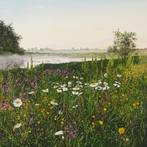 Original Oil Painting MEADOW LANDSCAPE, Calm Atmosphere Canvas Wall Art, Wildflower Landscape with River Nature, Grassland Artwork, Daybreak
