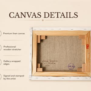 May include: The back of a rectangular linen canvas on a wooden stretcher frame. Text reads CANVAS DETAILS, Premium linen canvas, Professional wooden stretcher, Gallery-wrapped edges, Signed and stamped by the artist, Natasa Shaykira, 30x40cm, 2022.