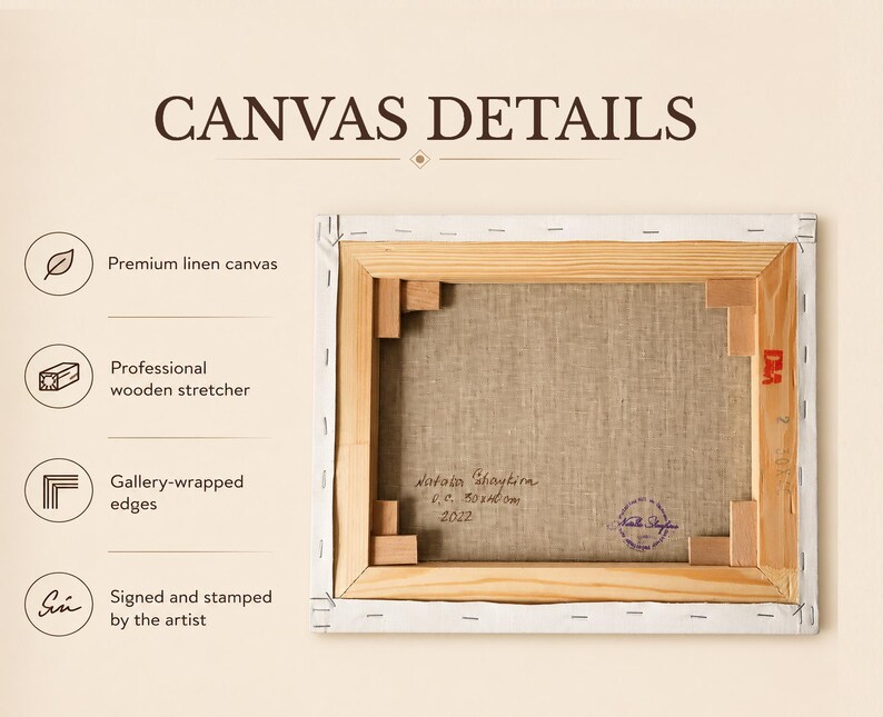 May include: The back of a rectangular linen canvas on a wooden stretcher frame. Text reads CANVAS DETAILS, Premium linen canvas, Professional wooden stretcher, Gallery-wrapped edges, Signed and stamped by the artist, Natasa Shaykira, 30x40cm, 2022.
