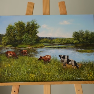 Cow Farm Life Original OIl Painting on Canvas, Farm Animal Fine Art, Pastoral Landscape, Narure Artwork, Farmer Cow Painting, Grazing Cattle image 2