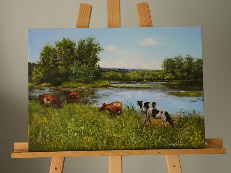 Cow Farm Life Original OIl Painting on Canvas, Farm Animal Fine Art, Pastoral Landscape, Narure Artwork, Farmer Cow Painting, Grazing Cattle image 2