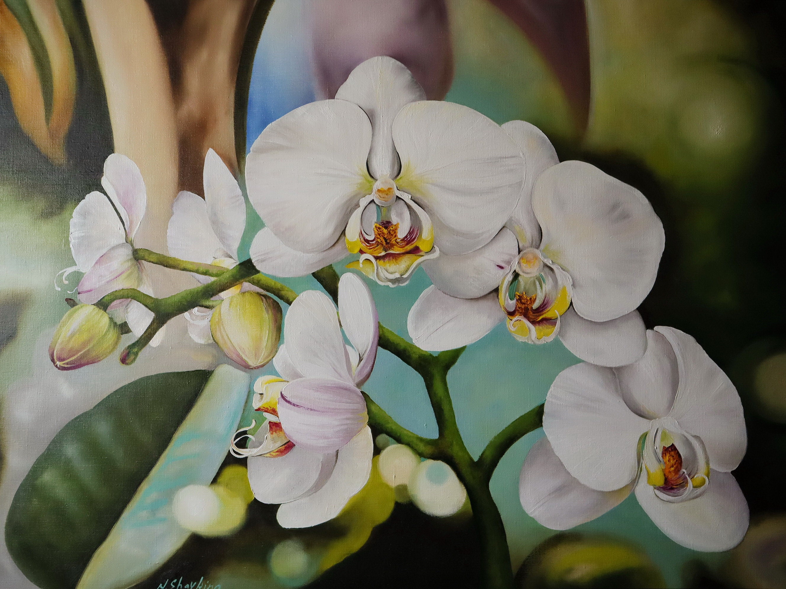 WALL OF ORCHIDS / LIFE MUST GO ON オリジナル版 Original Orchid Oil Painting on Canvas: Large Botanical Floral